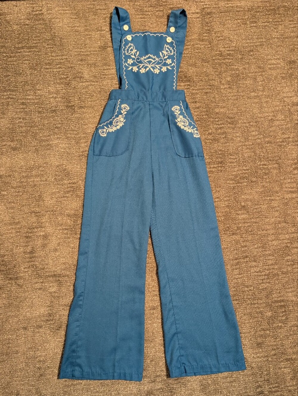Vtg Sears Girls Bright Blue White Embroidered Cotton Blend Overalls - 12
